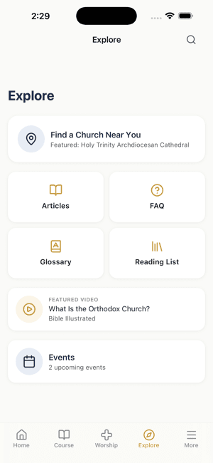 Explore screen with church locator and glossary